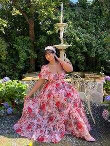 Lyrianda Abito lungo elegante e vintage con spalle scoperte e maniche a palloncino, taglie comode - Rosa - Visualizzare 5