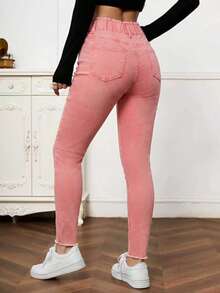 EMERY ROSE Women's Fashion Casual Washed Distressed Frayed Hem Skinny Jeans - Pink - View 2