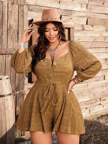 Ceyna Bộ jumpsuit ngắn dáng rộng tối giản dành cho nữ cỡ lớn, chất liệu vải có họa tiết, điểm nhấn là hàng cúc trang trí. - gừng - Xem 1