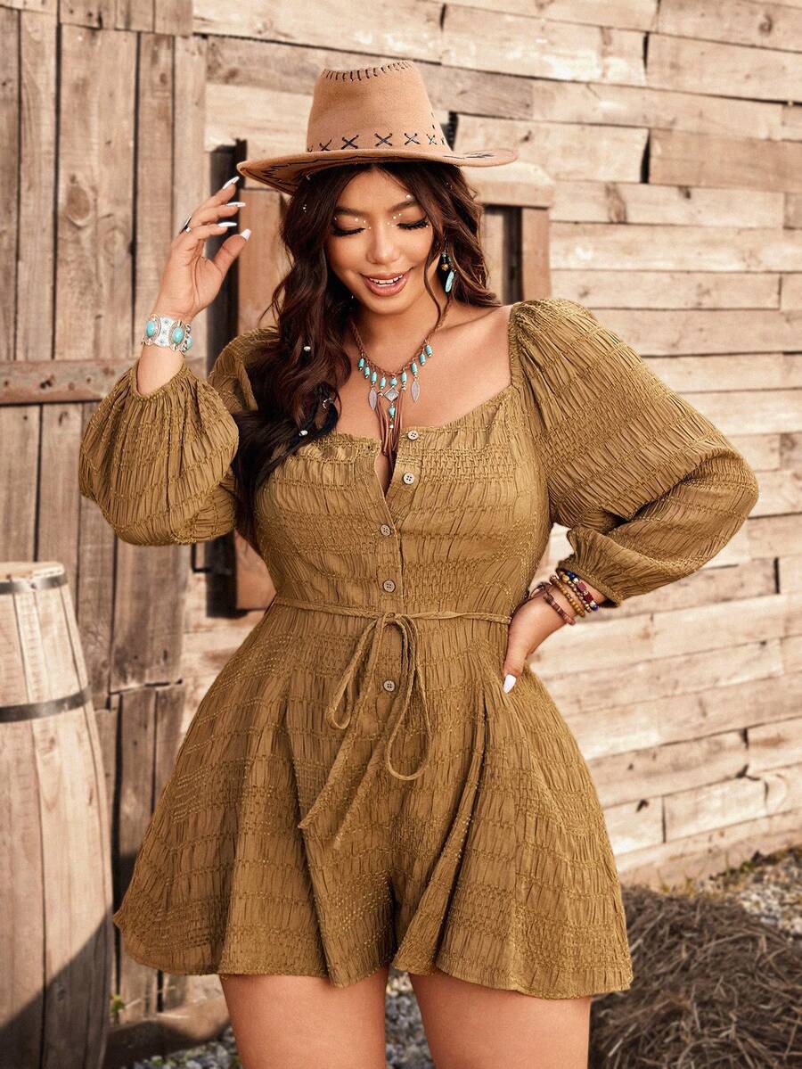 Ceyna Bộ jumpsuit ngắn dáng rộng tối giản dành cho nữ cỡ lớn, chất liệu vải có họa tiết, điểm nhấn là hàng cúc trang trí. - gừng - Xem 1