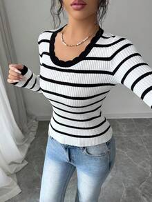 Louniche 时尚休闲荷叶边U领修身条纹设计女式毛衣 - 黑與白 - 查看 3