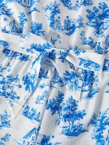 SHEIN ChillGRL 少女优雅碎花短袖连体裤，适合日常通勤、休闲、度假和聚会。 - 藍白色 - 查看 6