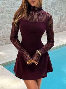 Aloruh 女士优雅高领修身透视腰部A字迷你连衣裙，酒红色 - 酒紅色 - 查看 2