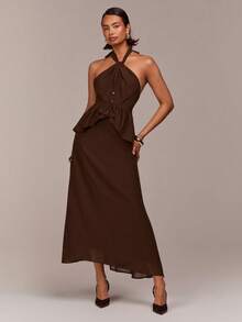 COSMINA Robe longue élégante pour femmes avec col en V sans manches, ourlet à volants, taille cintrée dans un style bohème. Idéale pour les vacances, les sorties, les soirées, les mariages sur la plage, le printemps - Café - Voir 1