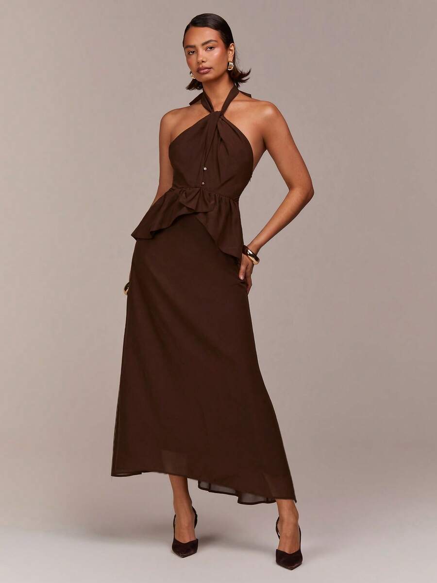COSMINA Robe longue élégante pour femmes avec col en V sans manches, ourlet à volants, taille cintrée dans un style bohème. Idéale pour les vacances, les sorties, les soirées, les mariages sur la plage, le printemps - Café - Voir 1