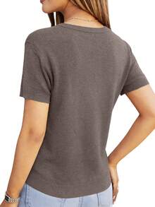 EMERY ROSE Blusa minimalista de cuello en V de unicolor - Marrón - Ver 2