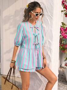 Vivid Eden 女士休闲系带衬衫和宽松短裤套装，条纹纹理面料，海滩度假装，春夏款 - 彩色 - 查看 5