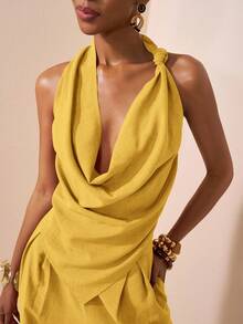 Zivah 2025 Spring/Summer New Music Festival, Easter, St. Patrick's Day, Western, Nomadic, Birthday Party, Graduation, College, Student, Casual, Daily, All-Match, Leisure, Vacation, Cruise, Beach, Sunbathing, Trending, Streetwear, Wedding Guest, Boho, Commute, Brunch, Airport Asymmetric Knot Design Pointed Collar Top In Brown Textured Fabric, Flared Collar Top And Wide Leg Pants Linen 2-Piece Set - Yellow - View 5