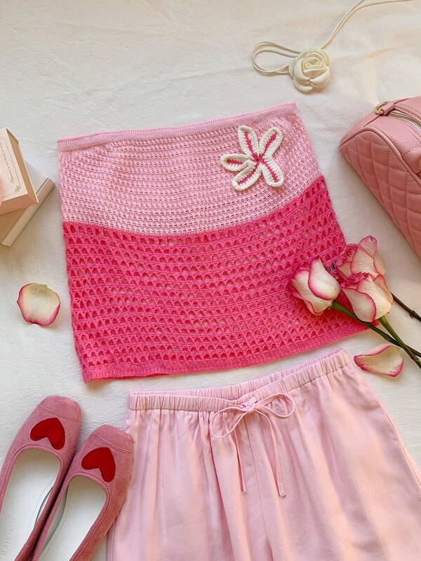 Comfortcana 2026 New Arrival Spring/Summer Fashionable Women's Summer Beach Vacation Contrast Color Crochet Flower Knit Top Summer Outfits For Women  Valentine's Day Party Top Beach Outfit Going Out Tops Elegant Tops For Ladies  Vacation Outfits Women Casual Blouses For Women  2000s Style Pink Top