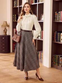 Vintamour Vintage Elegant Women Shirt Bow Tie Striped Texture Button Closure Casual Commute Holiday Wear Long Sleeve Summer Clothes Summer Outfits Summer Tops Spring Outfit Women Spring Break Outfits Spring Clothing Elegant Women's Blouses Elegant Blouses For Ladies White Top White Blouse - Apricot - View 2