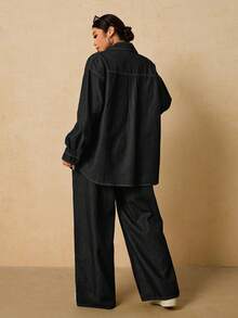SHEIN Tall CURVE 大码女式长袖单排扣系带衬衫搭配阔腿牛仔裤休闲两件套，适合冬季、圣诞节、新年、感恩节、通勤、度假、毕业典礼等场合，兼具时尚感和Y2K风格，可爱街头风，适合派对、婚礼、商务休闲等各种场合。舒适的牛仔两件套，休闲长袖上衣搭配抽绳腰带阔腿牛仔裤，适合节日聚会等日常穿着。 - 黑色 - 查看 3
