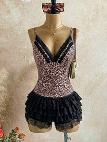 Attitoon 休闲复古朋克 Y2K 百搭派对、音乐节、哥特风、西部风豹纹蕾丝拼接蝴蝶结饰边吊带背心，适合夏季外出穿着。 - 彩色 - 查看 3