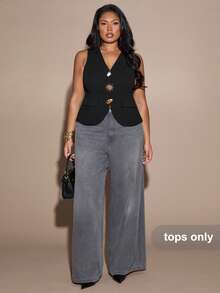 SHEIN BAE 大码女式黑色V领金属纽扣上衣 - 黑色 - 查看 4