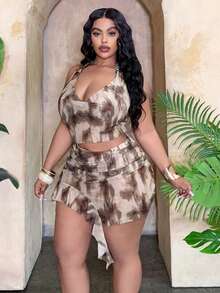 Slaydiva 大码女式两件套随机多色扎染印花时尚度假休闲简约金属环装饰长拼接半透明高腰三角比基尼泳衣，2026新款 - 棕色 - 查看 3