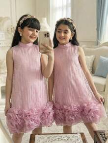 SHEIN Pitira Đầm chữ A thanh lịch dành cho bé gái tuổi teen với cổ áo hoa 3D và họa tiết bướm. - Hồng - Xem 5