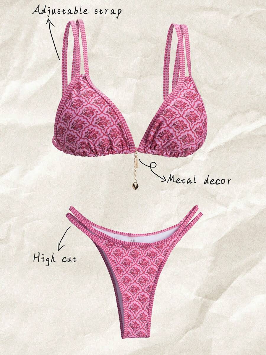 Elavelle Women's Random Print Adjustable Strap Tie-Up Two Pieces Bikini Set, Suitable For Beach Vacation, Summer - Multicolor - View 1