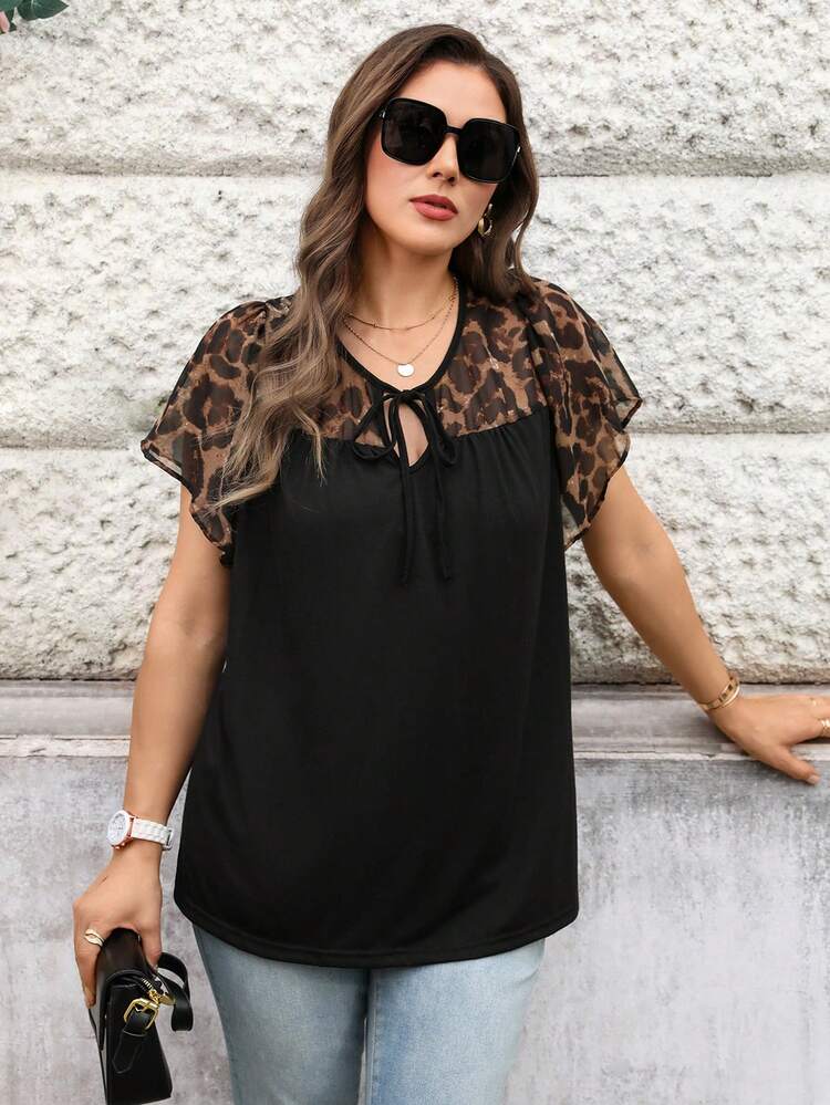 Plus Size Women Leopard Print Tie Front Ruffle Sleeve Dressy Blouse,Summer/Spring