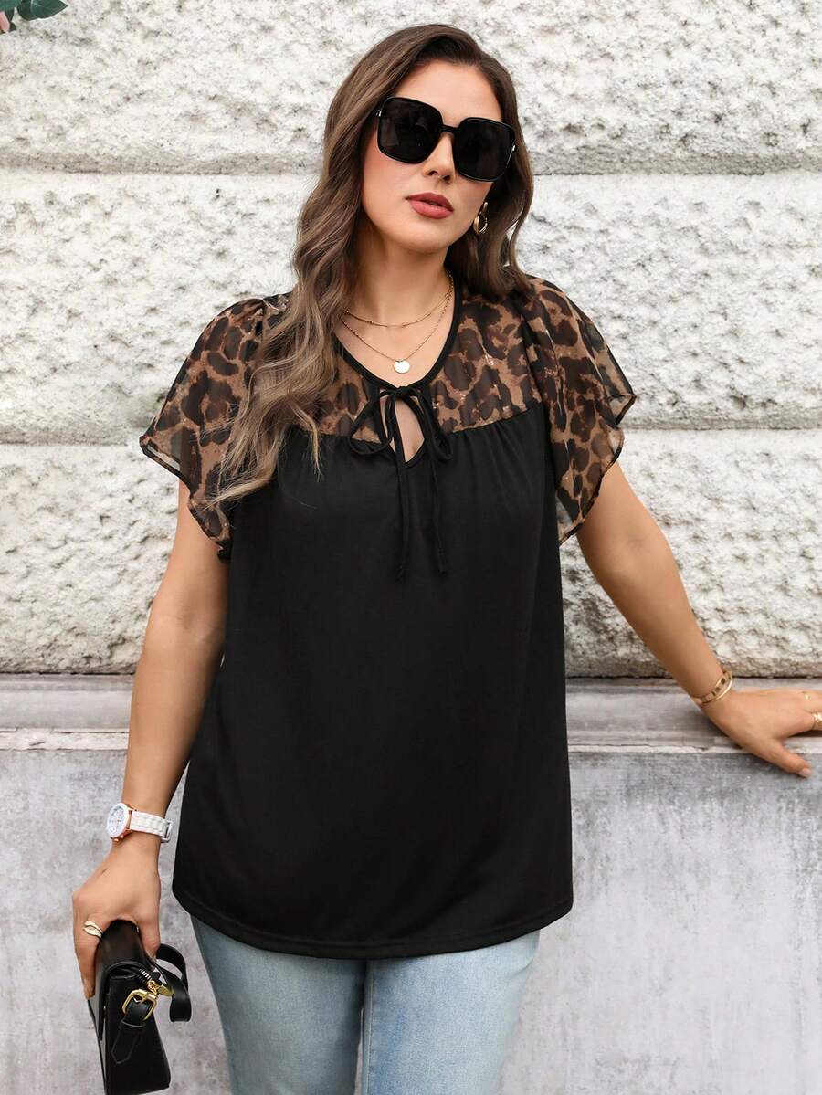 Miaspire Plus Size Women Leopard Print Tie Front Ruffle Sleeve Dressy Blouse,Summer/Spring - Black - View 1