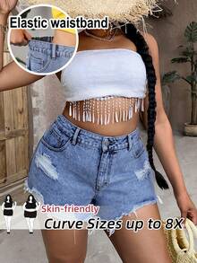 SHEIN CURVE+ Women's Plus Size Blue Denim Shorts Comfortable Elastic Waist Ripped Shorts Casual Western Cowboy , Curve Plus , Boho Vacation - Dark Wash - View 1