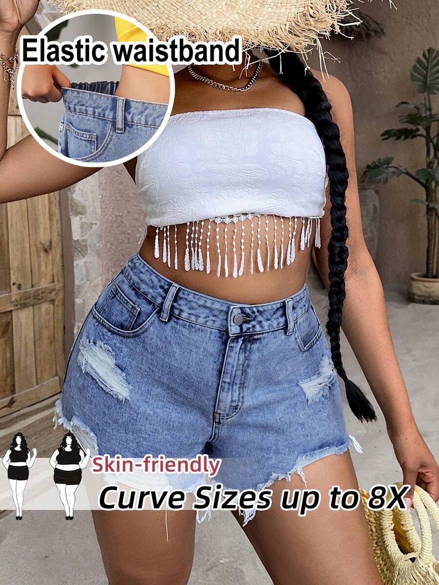 SHEIN CURVE+ Women's Plus Size Blue Denim Shorts Comfortable Elastic Waist Ripped Shorts Casual Western Cowboy , Curve Plus , Boho Vacation - Dark Wash - View 1