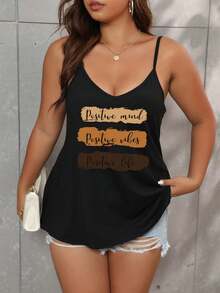 Calvaya Plus Size Letter Graphic Cami Top Positive Mind Positive Vibes Positive Life For Summer - Black - View 3