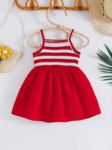 SHEIN Playful Pals 女嬰細肩帶A字裙 紅白條紋 夏季可愛派對裝扮 簡約優雅 寬鬆版型 海灘度假休閒夏日洋裝 - 紅色 - 查看 8