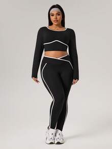 Rhythm Era Plus Size Contrast Trim Round Neck Long Sleeve Top And Pants Sports Suit - Black - View 5