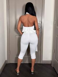 Slaydiva New Early Spring, Spring And Summer Music Festival, Valentine's Day, Easter Casual, Simple And Basic Style, Y2K Street Sweet, Best-Selling, Daily Date, Hot Girl Style, Sexy, Sporty And Stylish Style, Halter, Backless, Flower Bud Top, Sleeveless Vest + Tie, Bow, Waist, Seven-Inch Pants, Slimming Pants, White Set, Women's Two Pieces Set -A - White - View 8