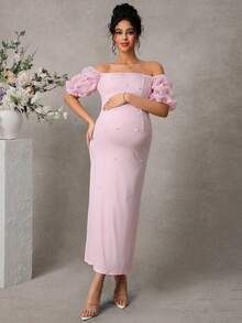 Momance 孕妇露肩紧身连衣裙，3D短袖，正面饰有泡泡珠，后背开衩。 - 淺粉色 - 查看 4