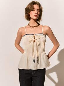 Poéselle Women's Casual Vacation Style Everyday Commute Contrast Trim Knot Front Pleated Camisole,Bow Tie Woven Camisole Top For Women, Spaghetti Strap Pleated Summer Shirt, Lightweight Casual Cami With Contrast Trim,Summer Top,French-Style  Top - Apricot - View 7