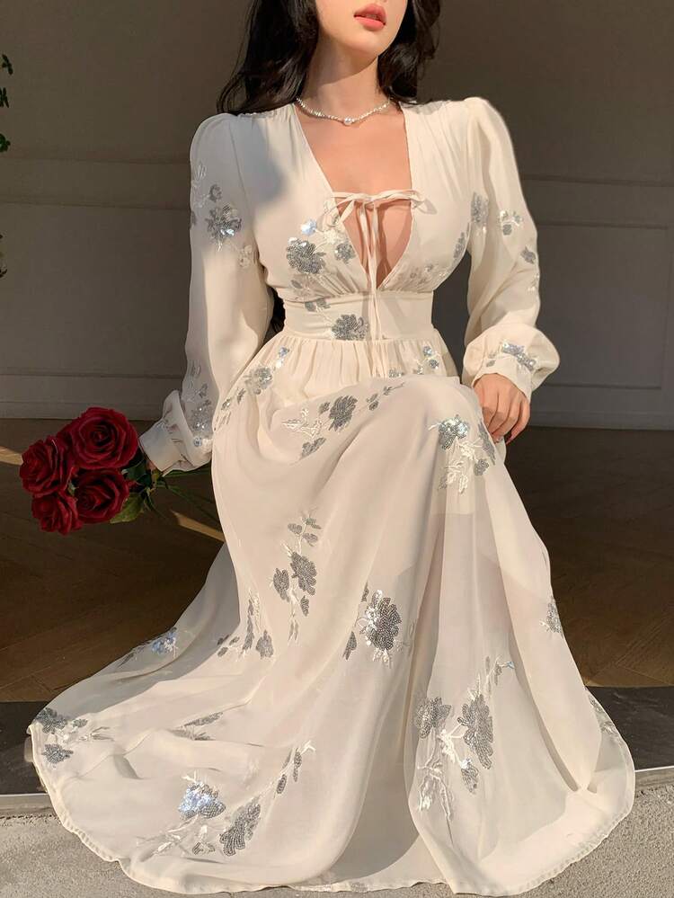 Women's V-Neck Sequin Embroidered Waist Cinched Long Sleeve Elegant Dress Sundress