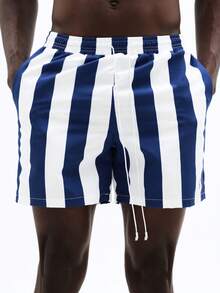 SUMWON 男士竖条纹沙滩短裤，弹性腰带，侧边口袋，夏季泳装，休闲度假尼龙冲浪服 - 黑與白 - 查看 8