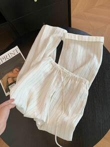 Airaco Women's Casual Striped Print Drawstring Waist Loose Wide Leg Pants, Suitable For Commuting And Vacation - White - View 5