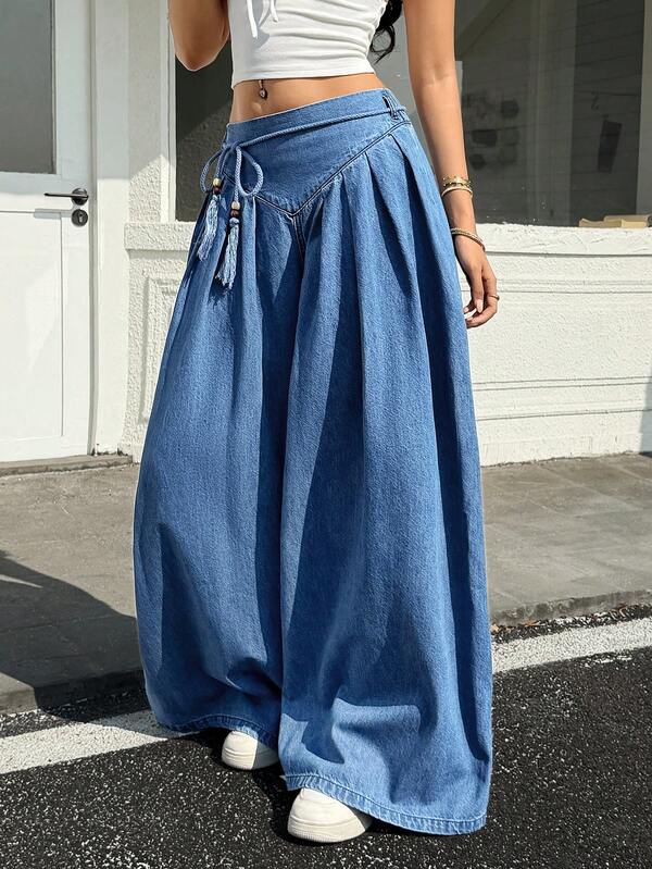 Rivivi Women's Casual Loose Pleated Wide Leg Jeans