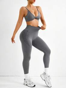 Slayform Women's Seamless Twist Bra And Leggings Sports Set - Brown - View 4