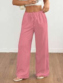 Flirla Women's Solid Color Waist Tie Pocket Wide Leg Loose Casual Pants - Coral Pink - View 4