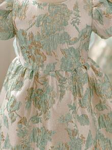 Glamorique Kids 女婴公主裙，蝴蝶结，绿色花卉提花面料，高品质面料，优雅提花连衣裙，适合中东、欧洲、美洲，奢华派对礼服，表演用女婴优雅连衣裙，绿色复古女婴连衣裙，薄荷绿女婴公主裙，优雅蓬蓬女婴连衣裙，欧式女婴连衣裙 - 綠色 - 查看 5