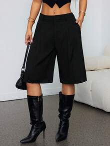 SHEIN PETITE 女士休闲灰色百慕大短裤，适合通勤，春季阔腿短裤，女士长款短裤，阔腿短裤，女士保守短裤，宽松短裤 - 黑色 - 查看 8