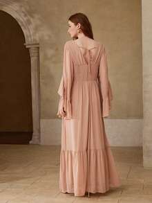 MOTF PREMIUM ROBE LONGUE ÉLÉGANTE POUR FEMMES AVEC DESIGN D'OURLET VOLANT, PRINTEMPS/ÉTÉ - Kaki - Voir 3