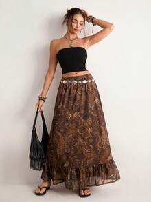 Freevana 波西米亚风高腰半身裙，双层复古腰果花佩斯利花纹松紧腰A字裙，复古优雅女装 - 棕色 - 查看 5