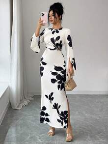 Elenzga 新款春夏秋季优雅休闲时尚收腰设计树叶印花撞色长裙，饰以3D玫瑰金装饰 - 彩色 - 查看 6