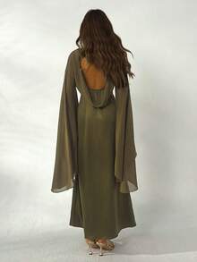 Aloruh Women's Glamorous Elegant Olive Green Autumn Party Night Chiffon Batwing Sleeve Satin Bias Skirt Maxi Dress - Khaki - View 8