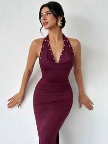 Firerie Women's Summer Seductive Rose Gold Beaded Halter Neck Maxi Dress, V-Neck Draped Backless Bodycon Party Dress For Graduation Music Festival - Red Violet - View 9