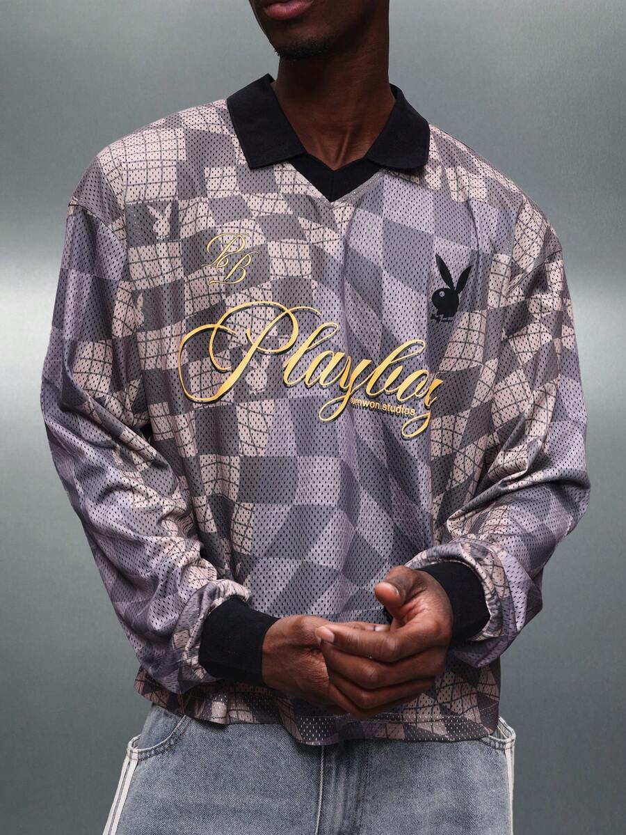 PLAYBOY X SUMWON Logo Print Mesh Polo Shirt With Collared Neckline Long Sleeve Regular Fit Urban Streetwear Style - Multicolor - View 1