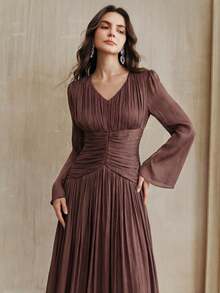 Anewsta New Elegant Fashion V-Neck Flare Sleeve Waist Ruched Dress, Suitable For Outings, Parties, Dates, Spring/Summer - Brown - View 4