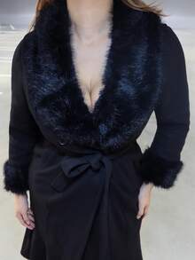 MelDlgn Plus Size Solid Color Mermaid Overcoat, Autumn/Winter - Black - View 4