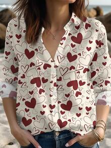 EMERY ROSE Valentine Day Heart Shirt Women, Retro Valentine Casual Shirt, Red Hearts Blouse Shirt, Love Romantic Long Sleeve Shirt - Multicolor - View 3