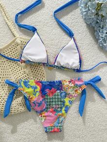 Swim Vcay 2pcs/Set Summer Beach Floral Print Halter Crop Top And Tie Side Bow Bikini Bottom Swimsuit - Multicolor - View 2