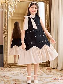 SHEIN Serisse Kids 少女可愛寬鬆優雅立領撞色大蝴蝶結珠飾下擺多層荷葉邊黑色洋裝，少女米色款 - 黑色 - 查看 8