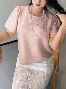 Dazy Plus Pink Elegant Cropped Shirt With Round Neck Short Sleeve - Pink - View 5